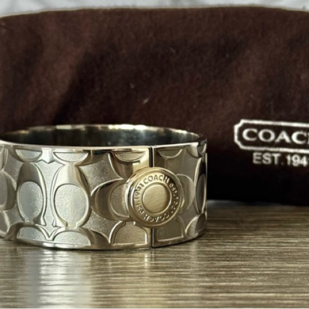 Coach Silver Embossed Cuff Bracelet Iconic “C” Pattern w/ Dust Bag
